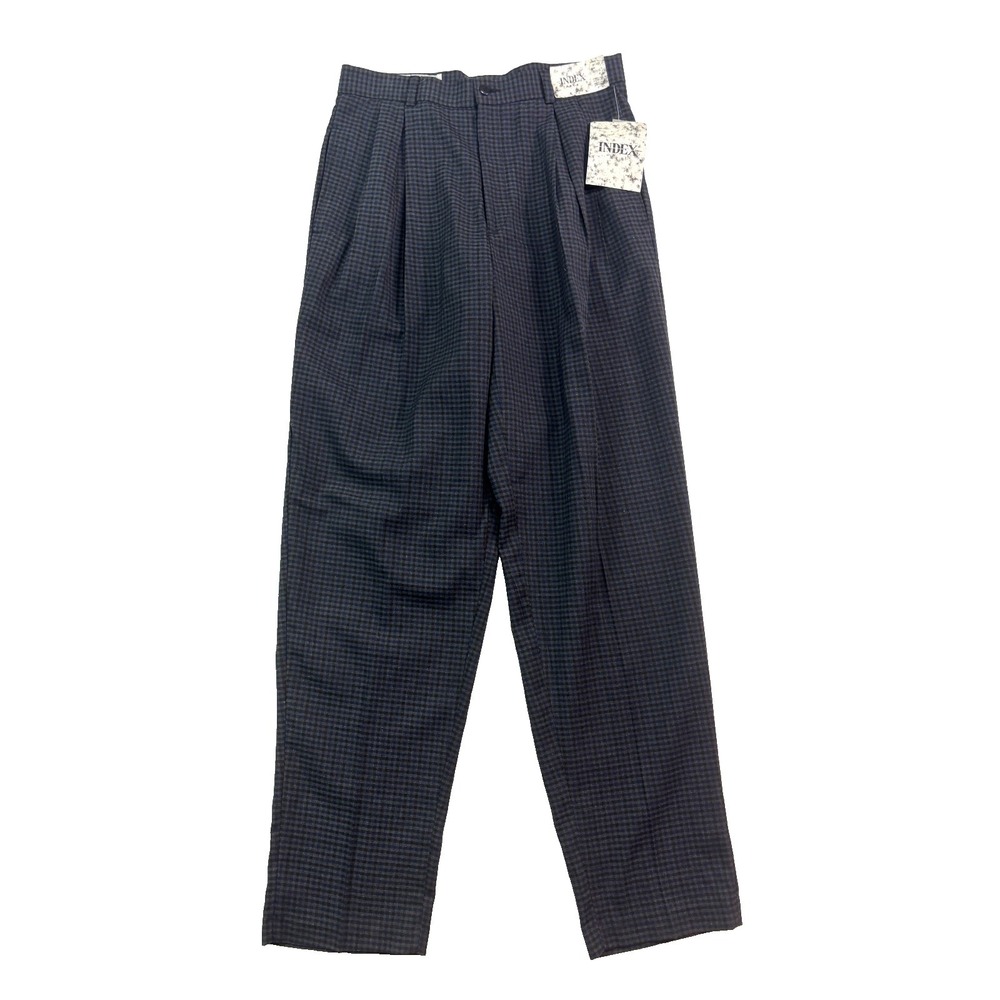 NEW vtg 80s Blue‎ Gray Ginham Check 33x33 Dress Pants Pleated High Waist Relaxed